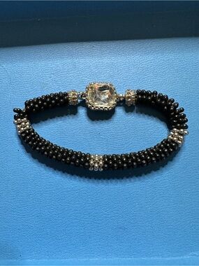 Black Beaded Bracelet with Clear Square Crystal Accent